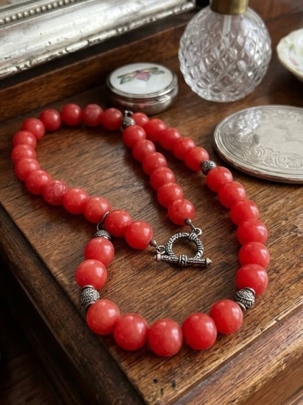 Artesian Sterling Silver Red Bead Rope Toggle Clasp Statement Necklace 3749